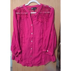 Thomas & Olivia Women's Pink Lace Yoke 3/4‎ Sleeve Button Up Blouse Plus Size 2X